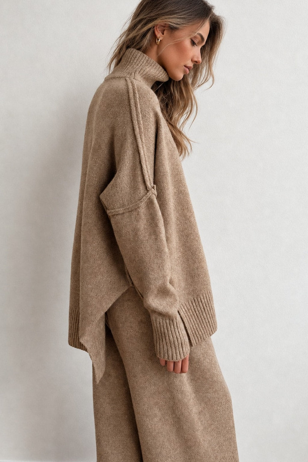 Knit Turtleneck Oversized Two-Piece Pant Set - 4