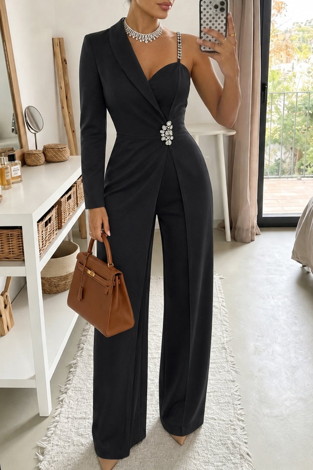 Black Polyester One-Shoulder Wide-Leg Jumpsuit - 4