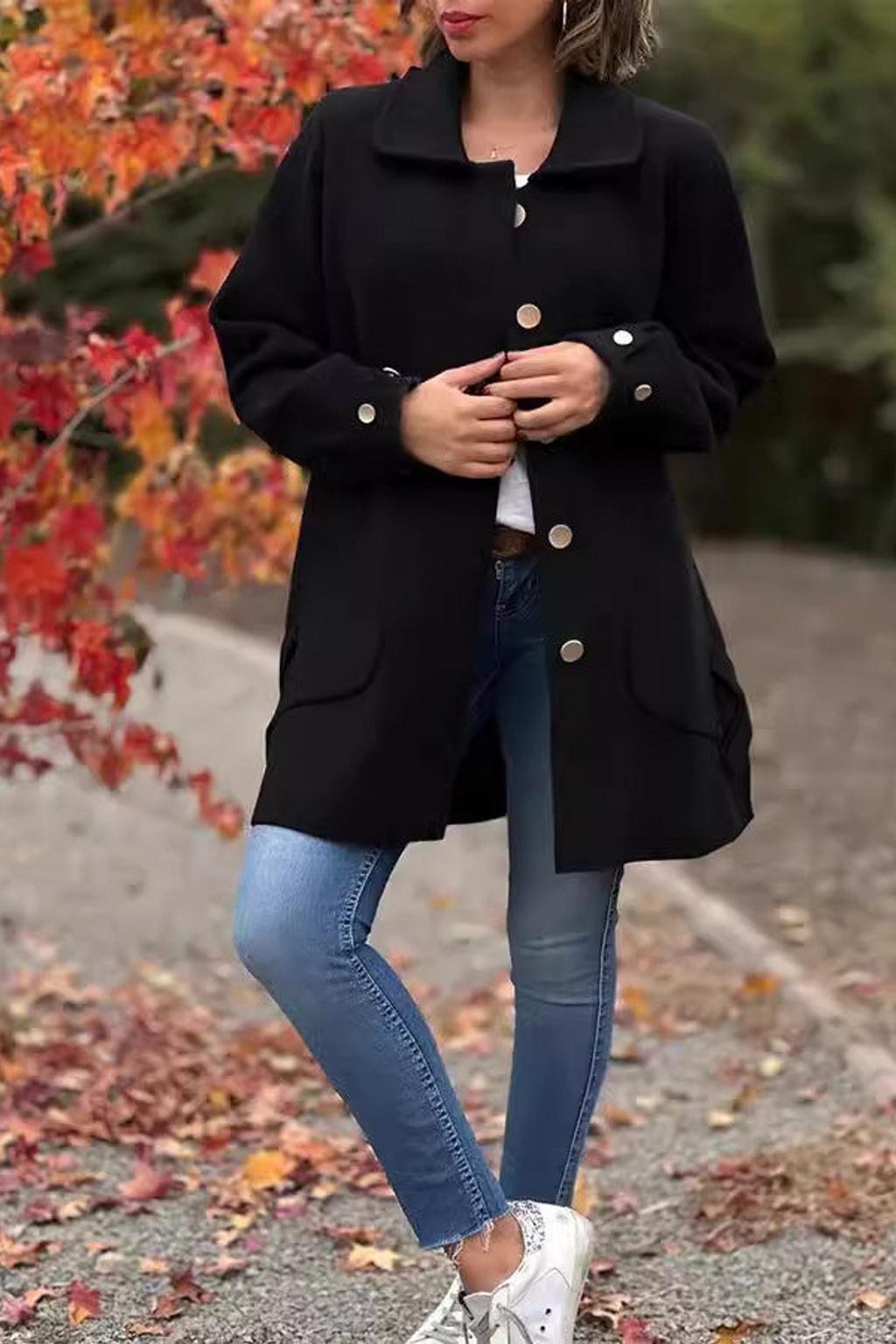 Oversized Buttoned Coat With Patch Pockets - view 3