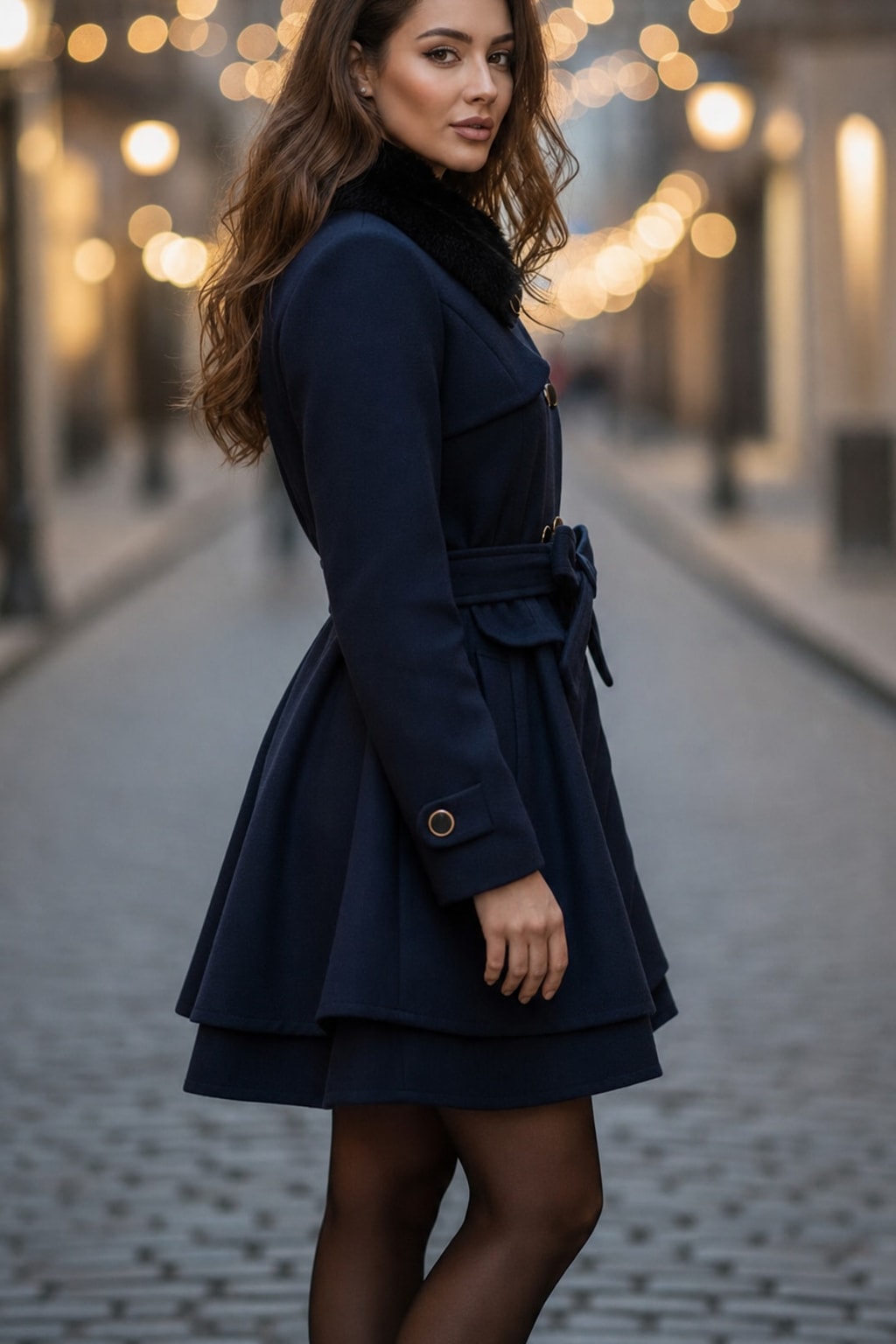 Warm Navy Blue Double Breasted Coat with Faux Fur Collar - 4