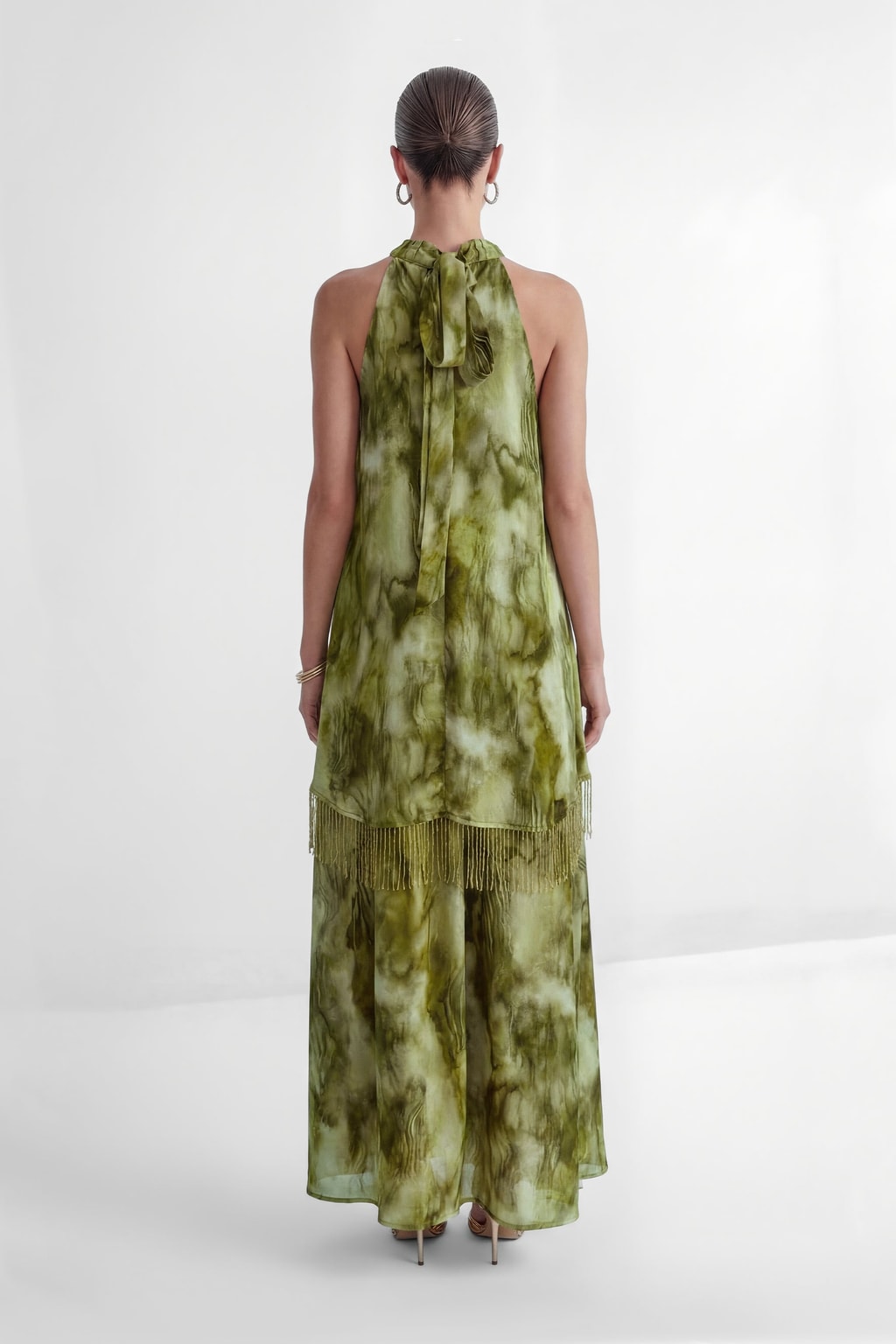 Green Halter Fringe Maxi Dress With Tie-Dye Print - 4