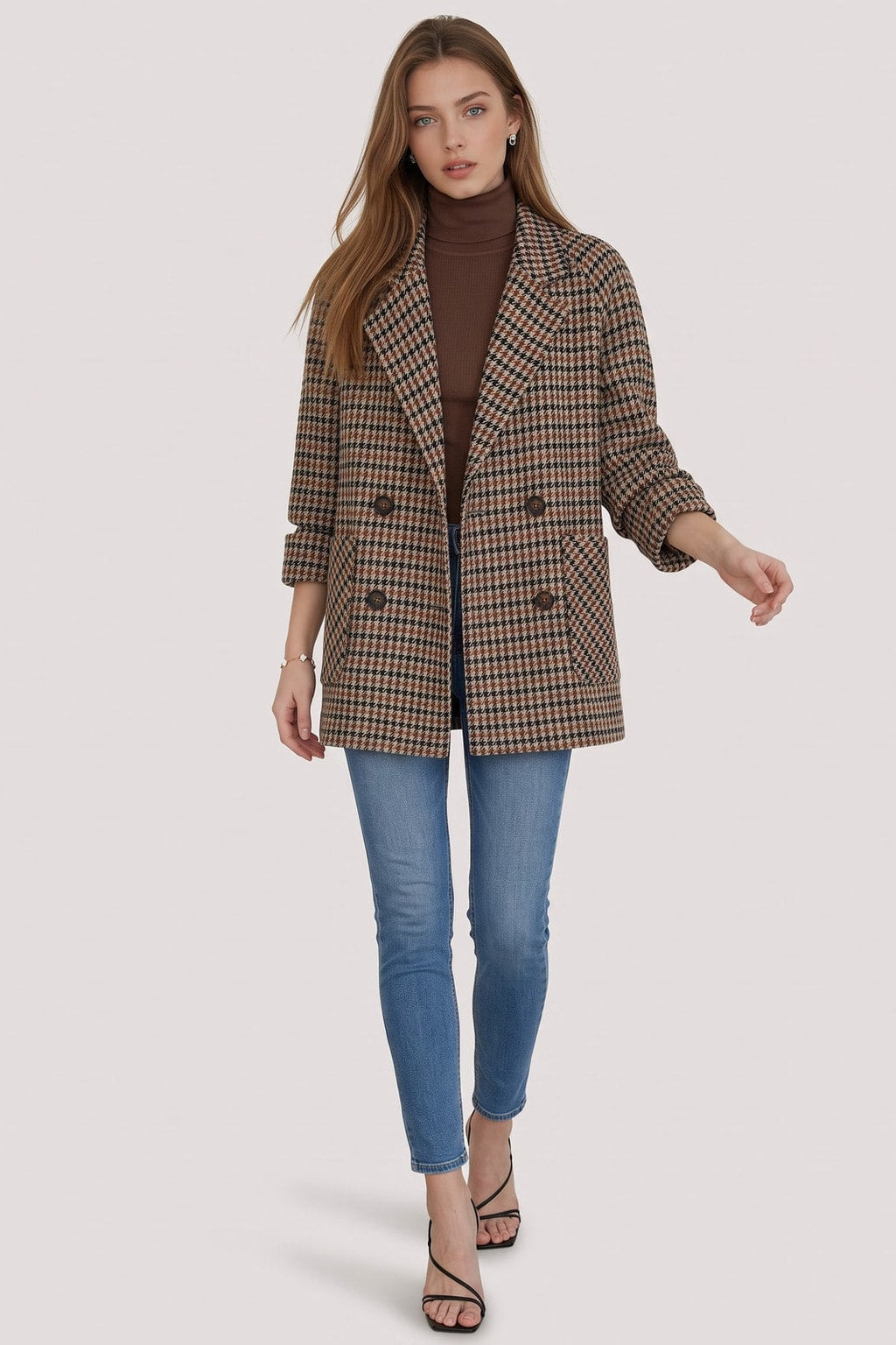 Elegant Brown Houndstooth Oversized Double-Breasted Blazer - 4