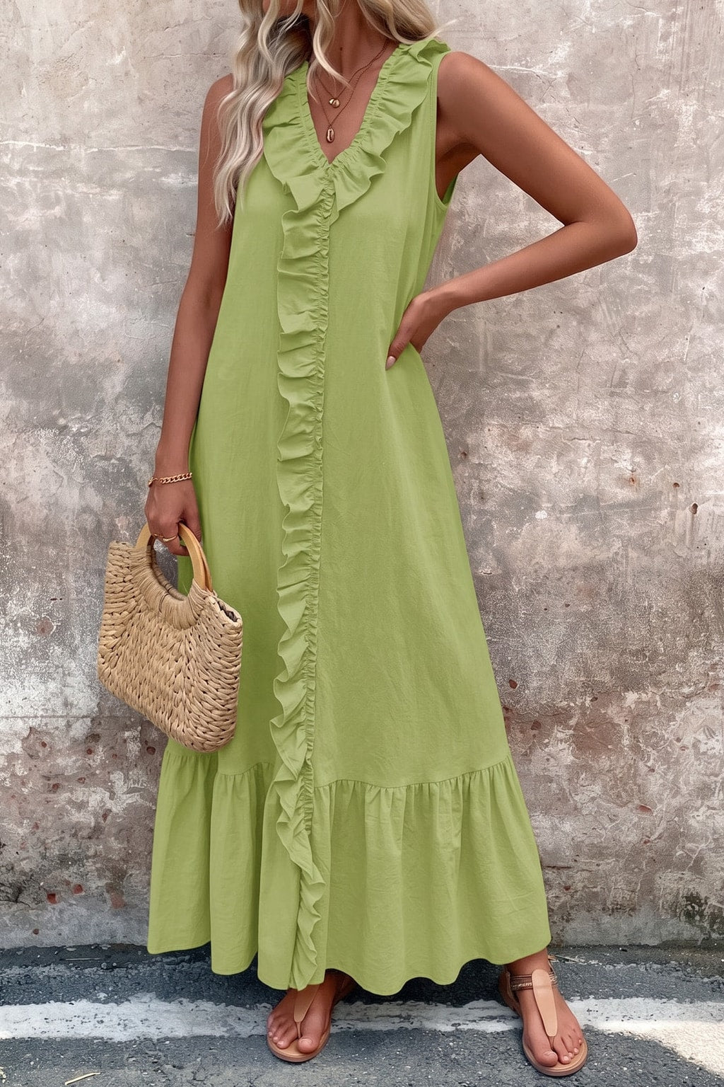 Effortless Cotton V-Neck Maxi Dress With Ruffle Trim - 4