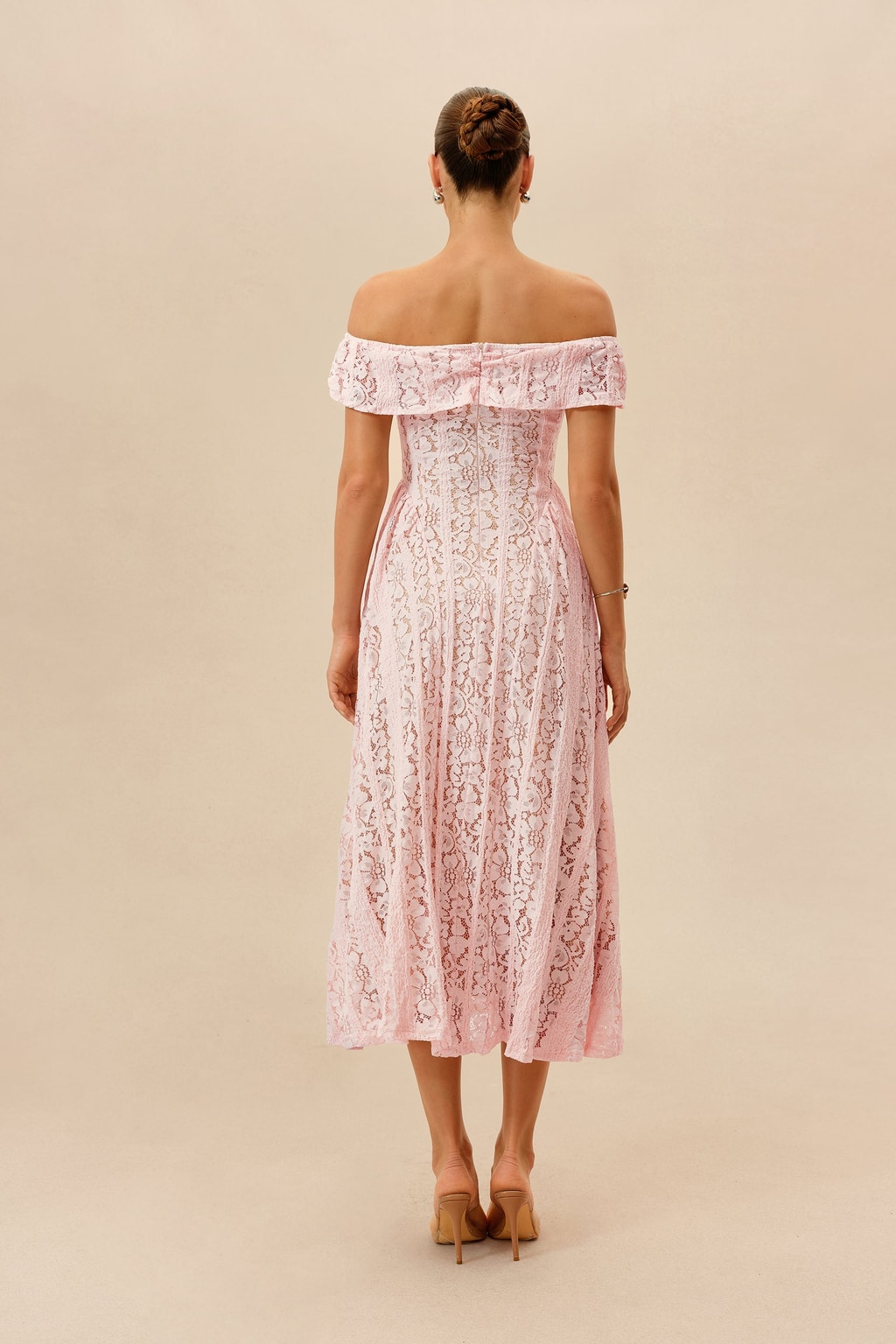 Off Shoulder Floral Lace Midi Dress With Flattering Fit - 4