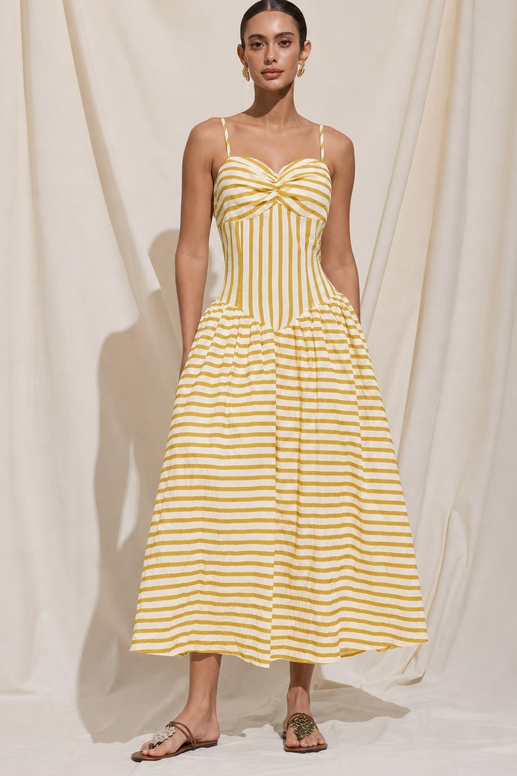Polyester Striped Maxi Dress With Ruched Zipper Detail - 5