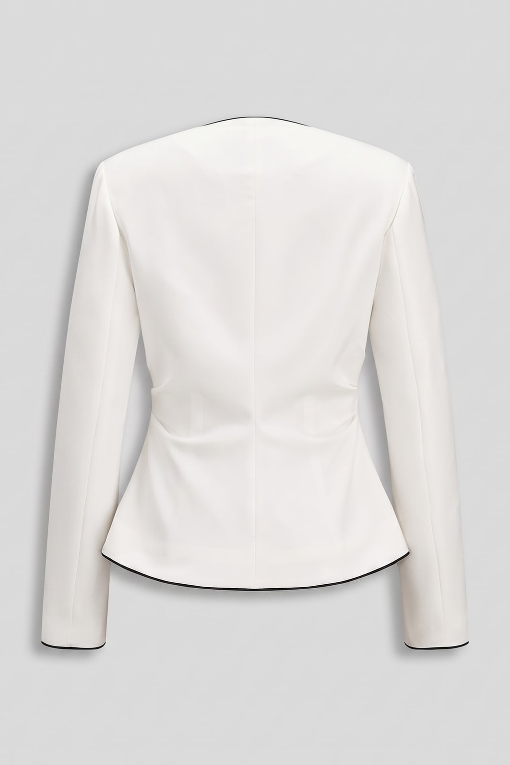 Off-White Woven Fitted Blazer with Contrast V-Neck Trim - 5