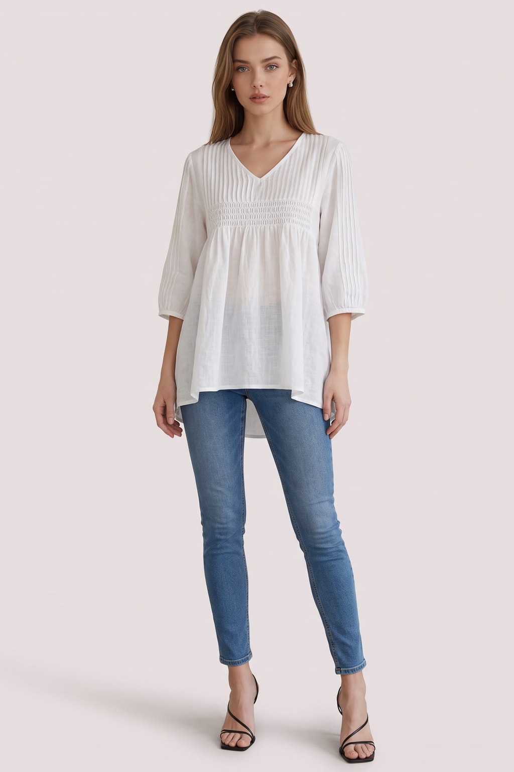 Effortless Cotton Linen Blouse With Smocked High-Low Hem - 5