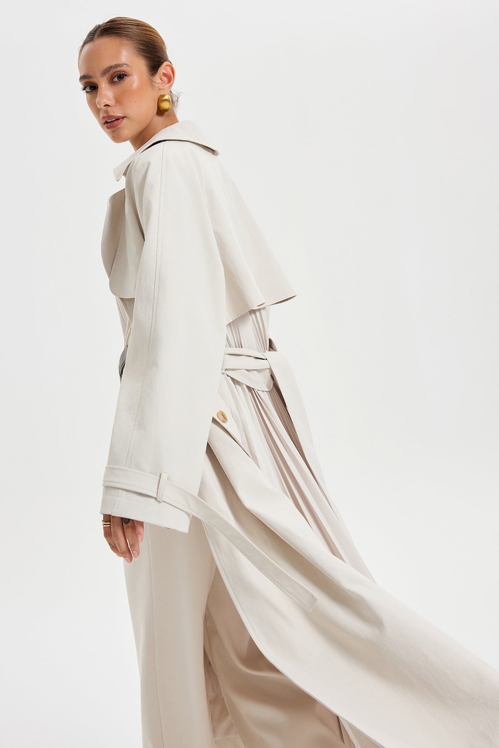 Woven Trench Coat With Belted Double-Breasted Front - 5