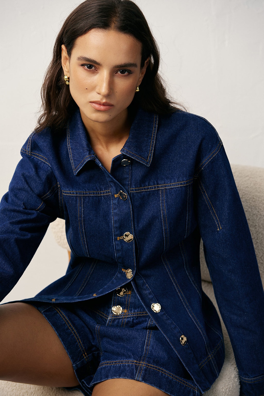Denim Jacket with Cinched Waist And Metal Buttons - 5