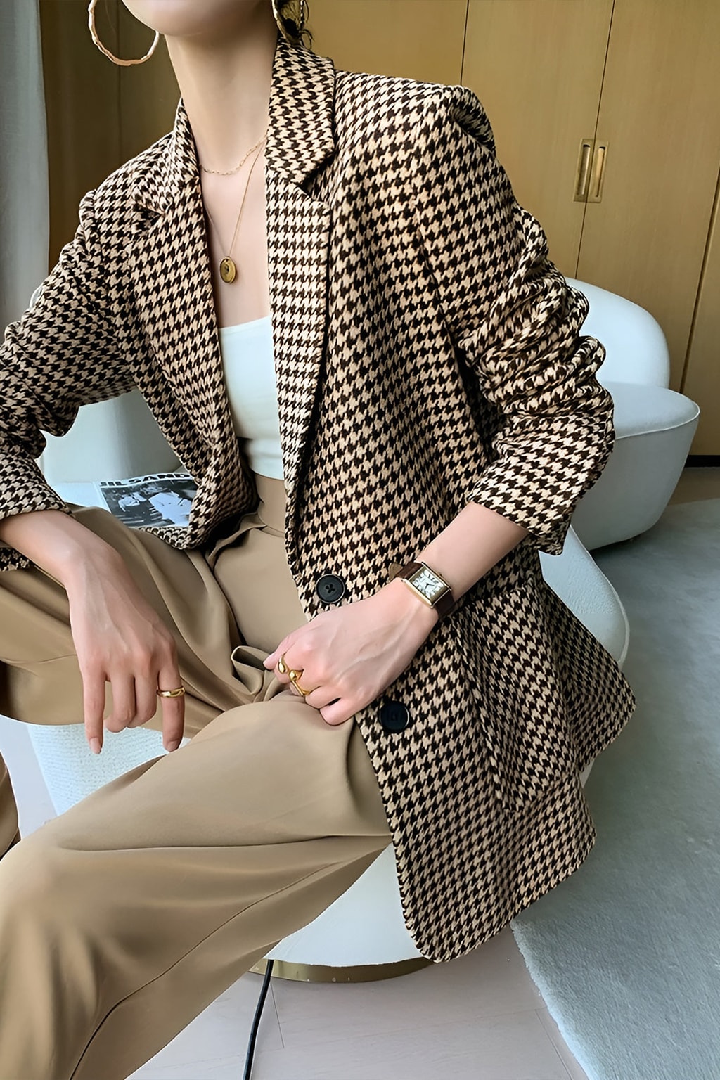 Khaki Houndstooth Blazer With Belt - 5