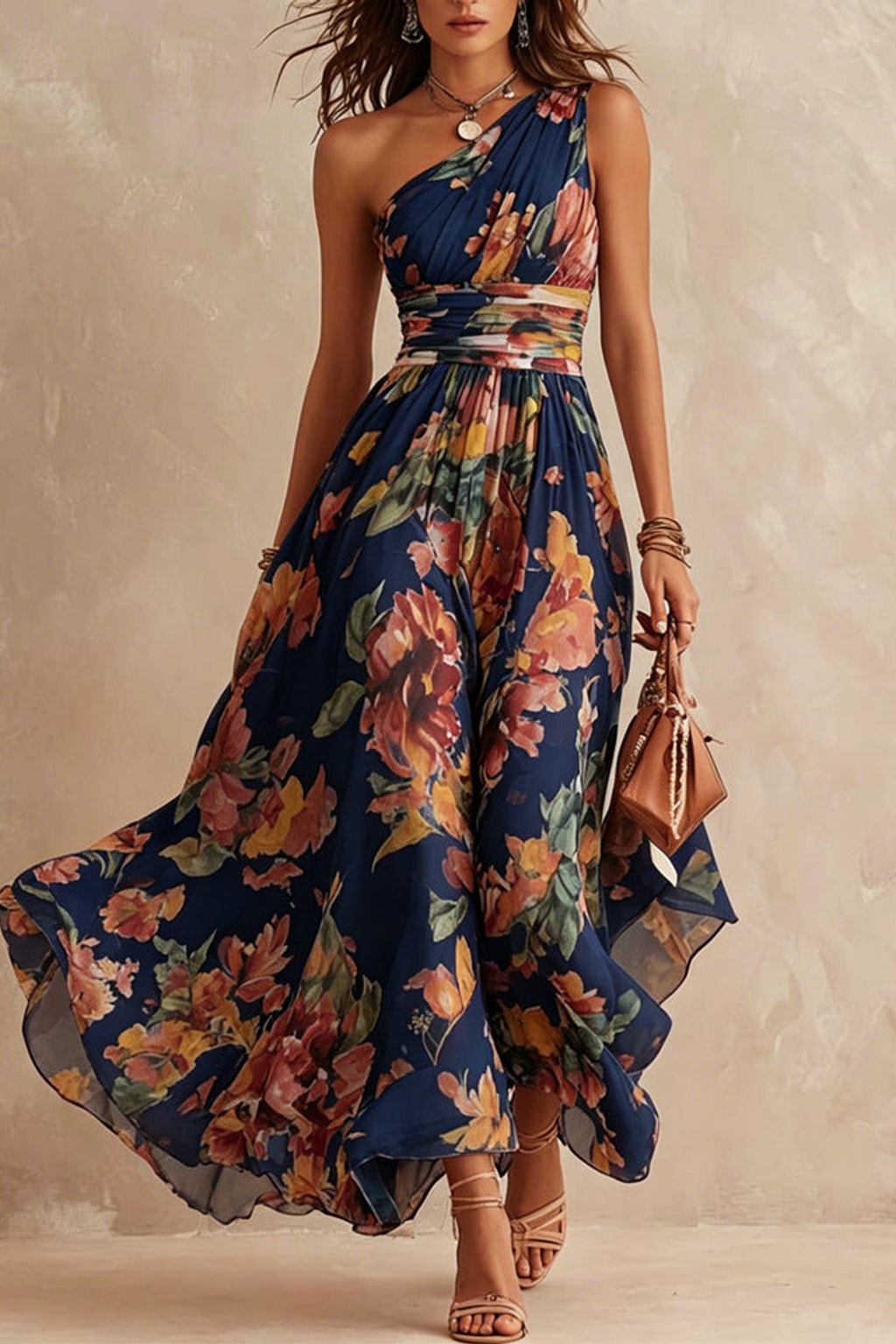 One-Shoulder Watercolor Floral Maxi Dress - view 5