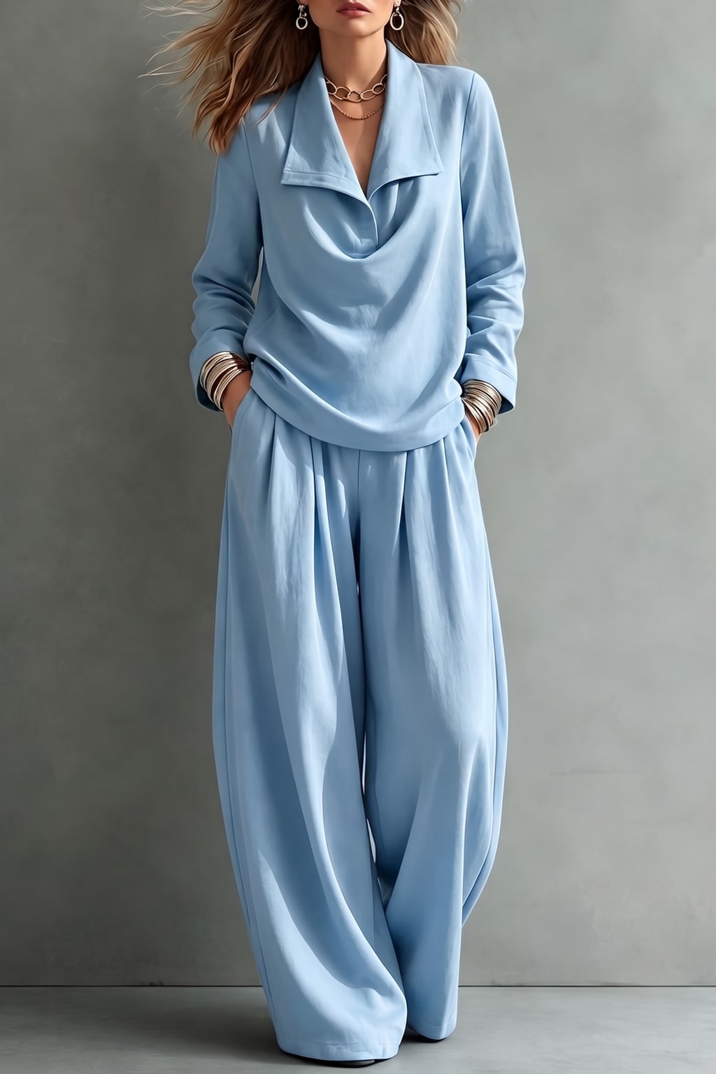 Effortless Polyester Lapel Blouse and Wide-Leg Trouser Two-Piece Set - 5