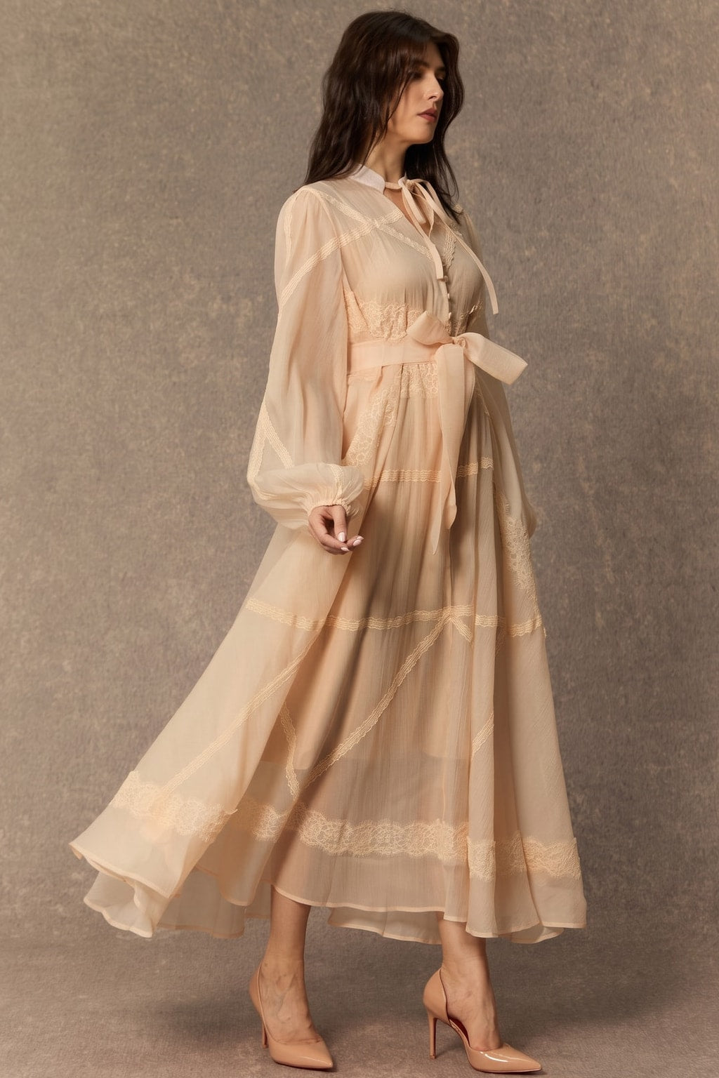 Lace Panel Maxi Dress with Tie-Neck Bow - 5