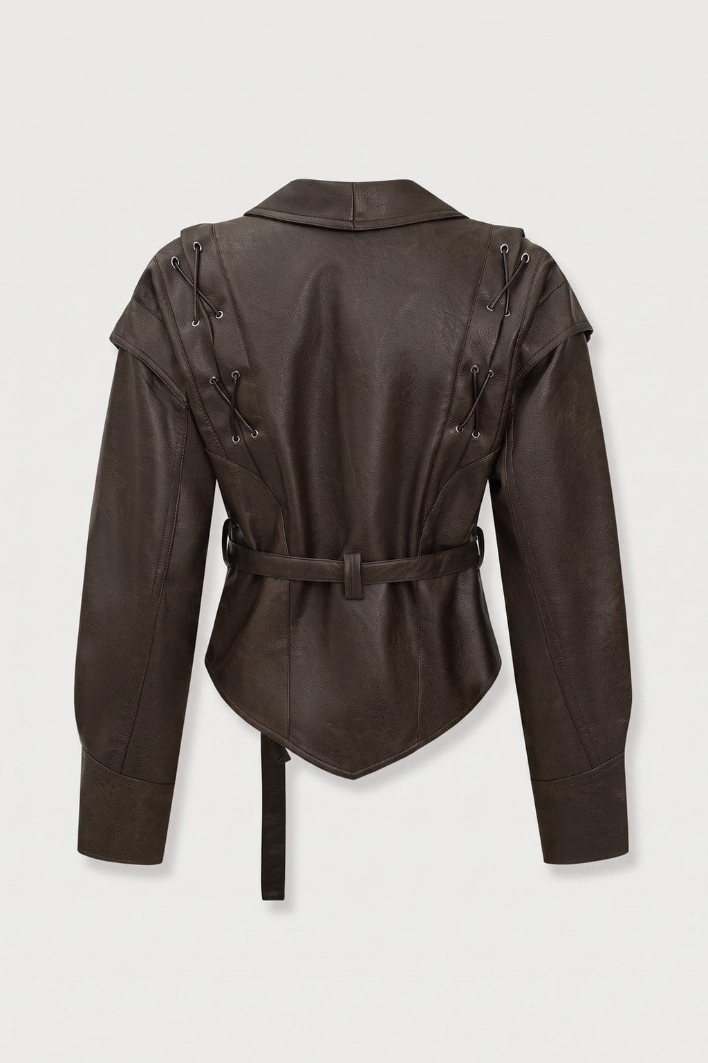 Faux Leather Tie-Front Crossed Button Jacket - 5