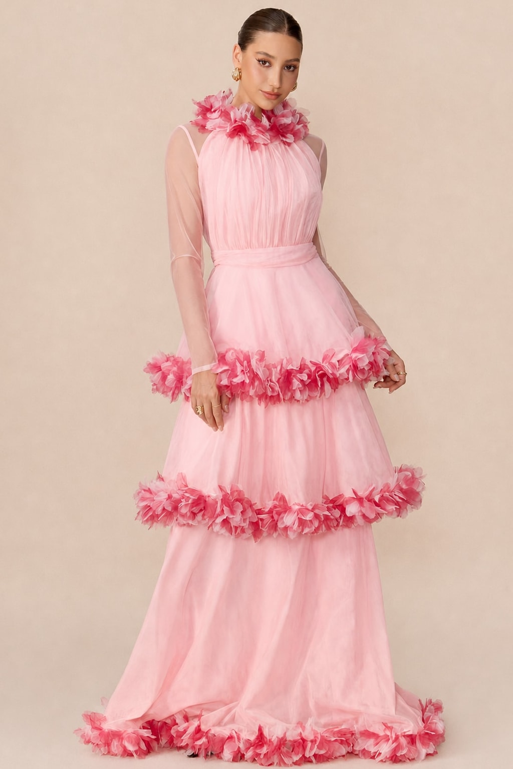 Mesh Tiered Maxi Dress With Floral Trim - 5