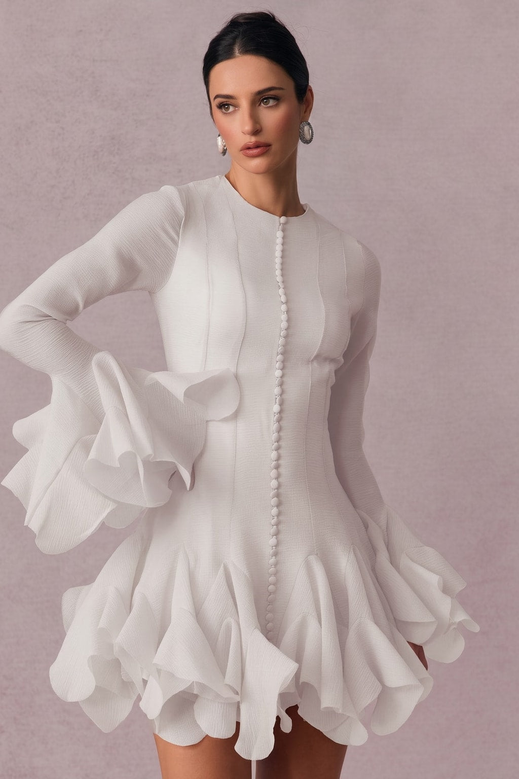 Mesh Long-Sleeve Flare Mini Dress - 5
