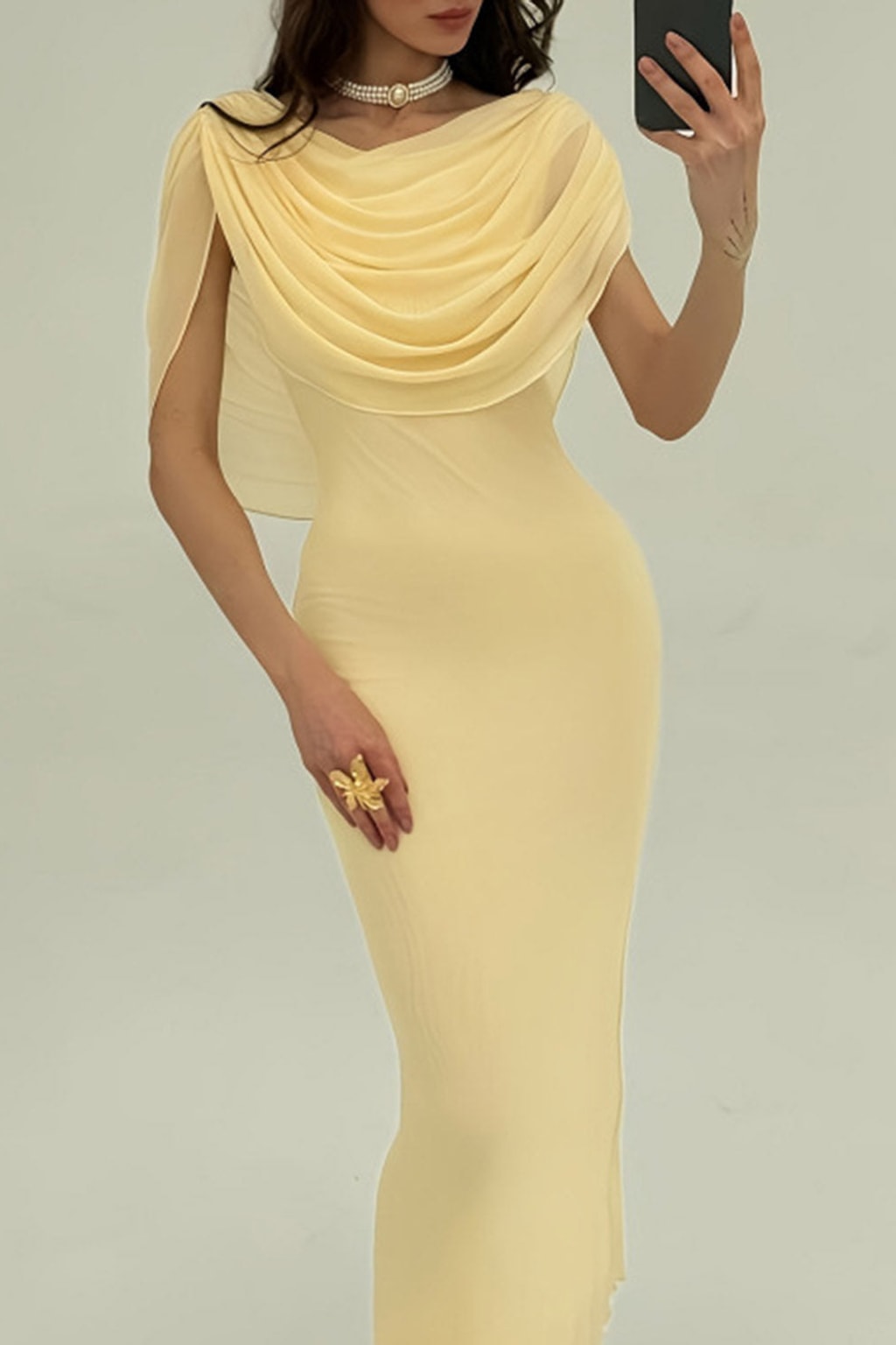 Yellow Cowl Neck Maxi Dress With Pleated Waist - 5