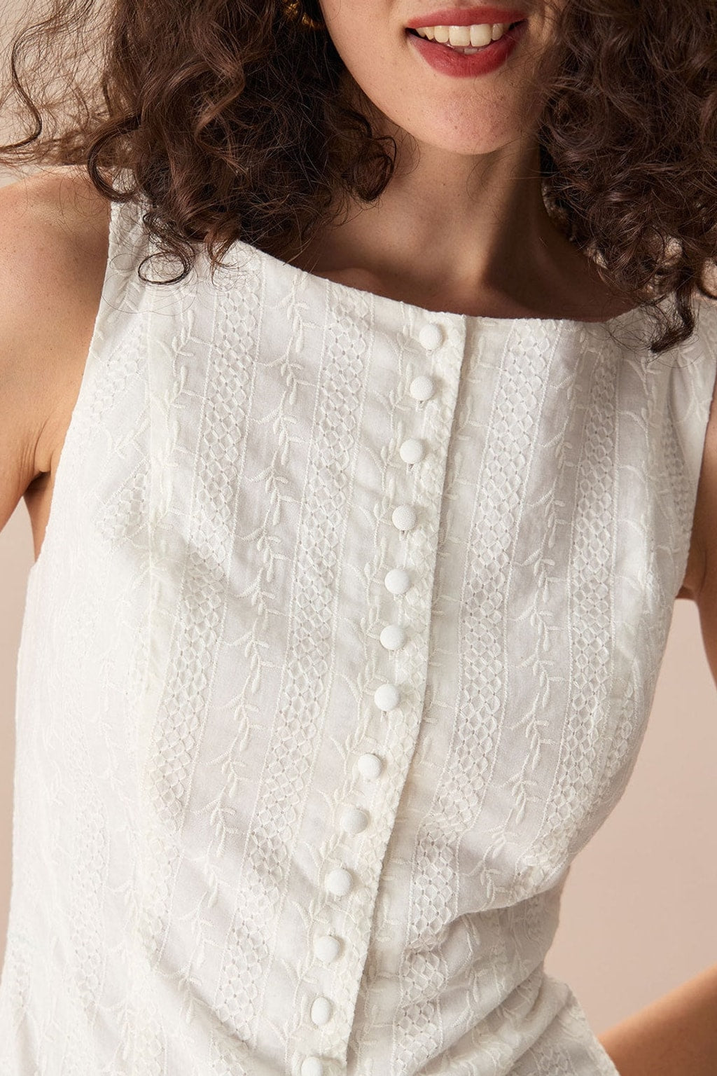 White Jacquard Cotton Mini Dress with Boat Neck A-Line Fit - 5