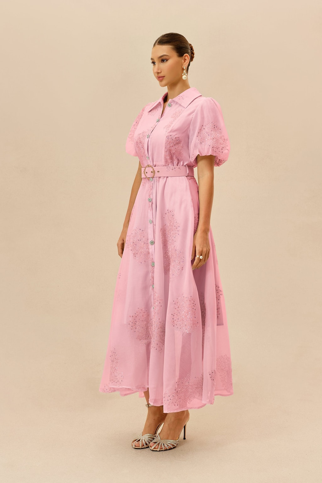 Pink Floral Embroidered Maxi Dress Belted Shirt Collar - 5