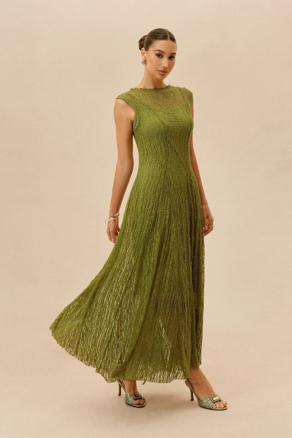 Rhinestone Mesh Maxi Dress Cap Sleeve Evening Gown With Slip Lining - 5