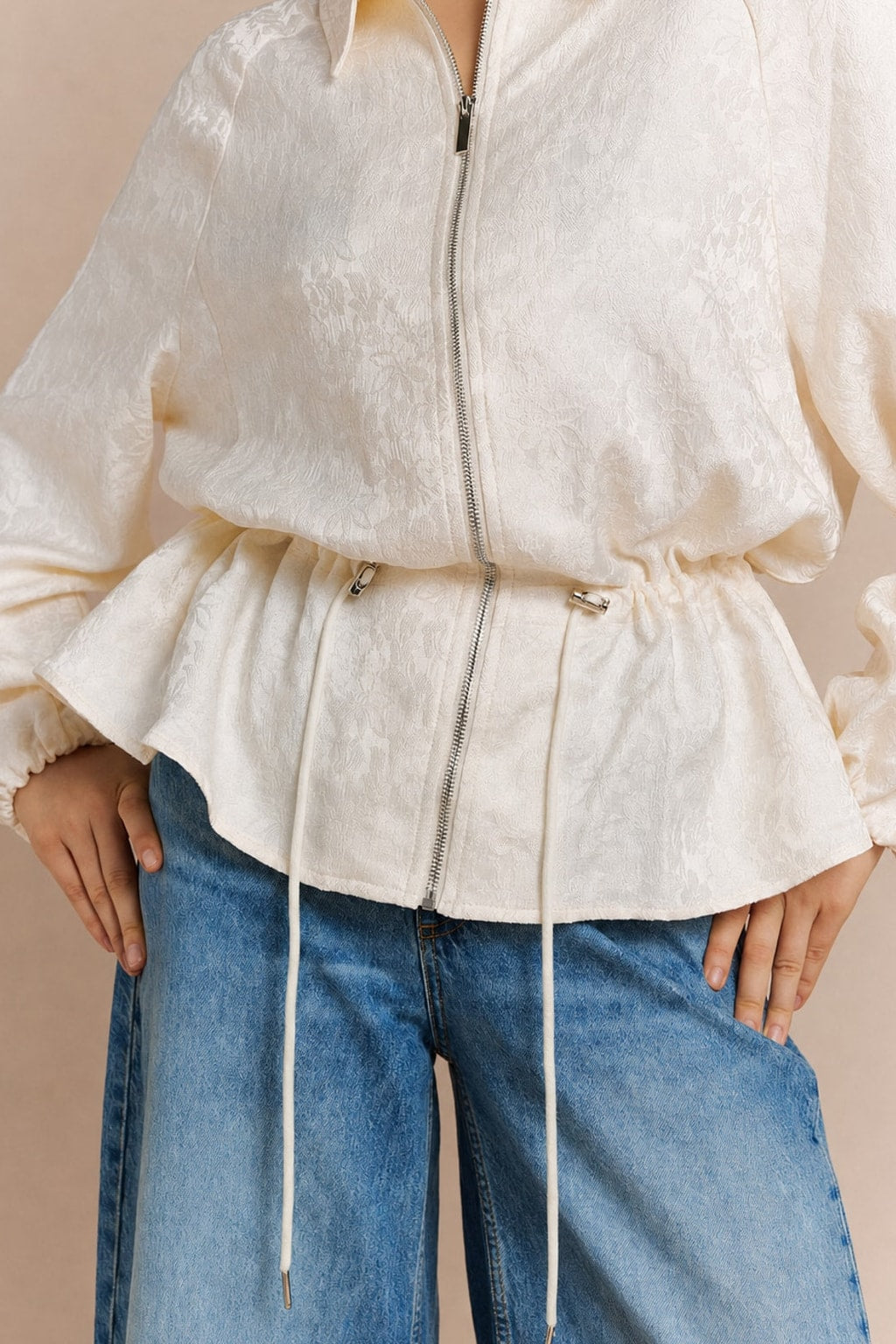 Jacquard Beige Zipper Drawstring Jacket - 5