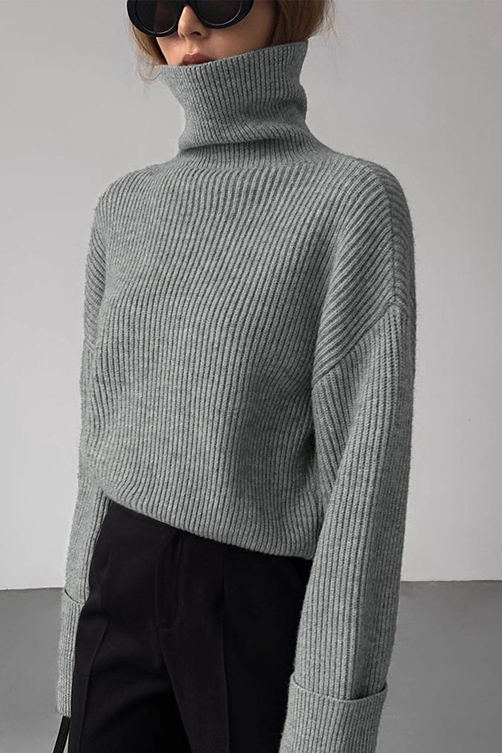 Grey Ribbed Knit Turtleneck Sweater - 5