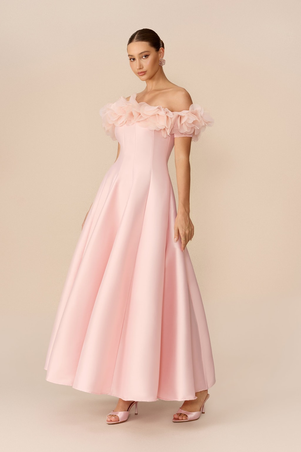 Satin Floral-Trim Off-Shoulder Maxi Dress - 5