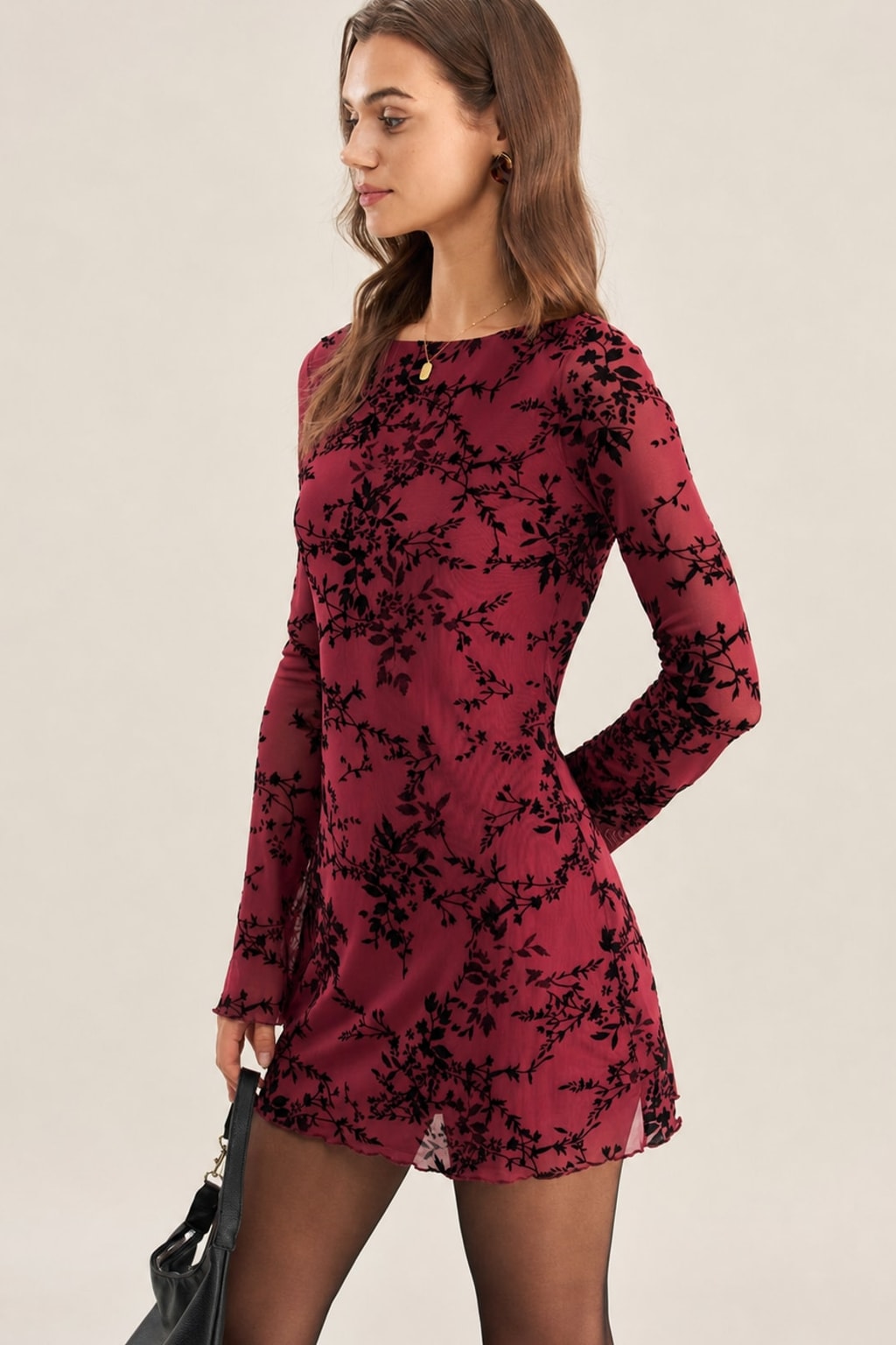 Wine Red Mesh Mini Dress With Bell Sleeves - 5