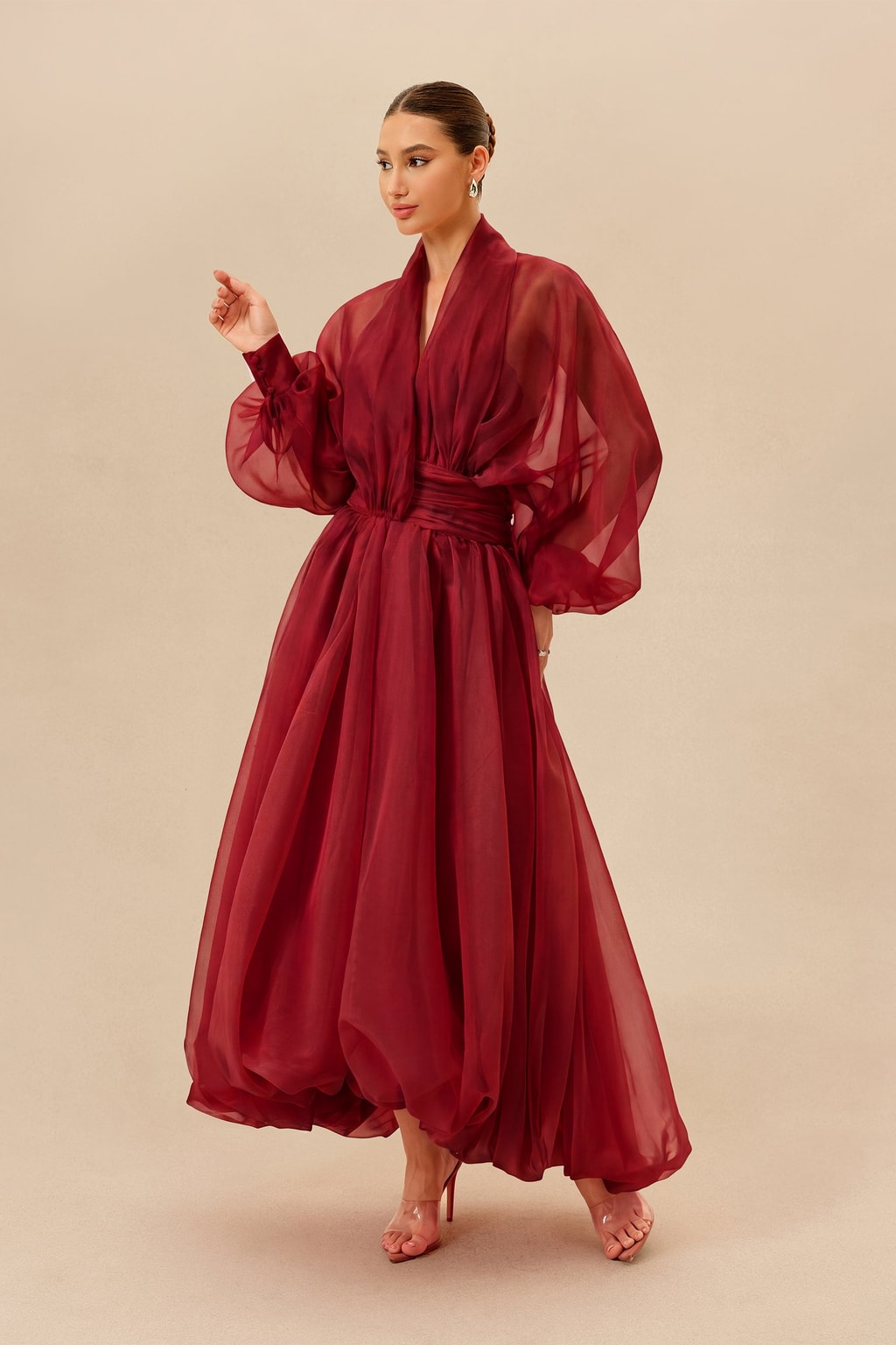 Organza Puff Sleeve V-Neck Maxi Dress - 5