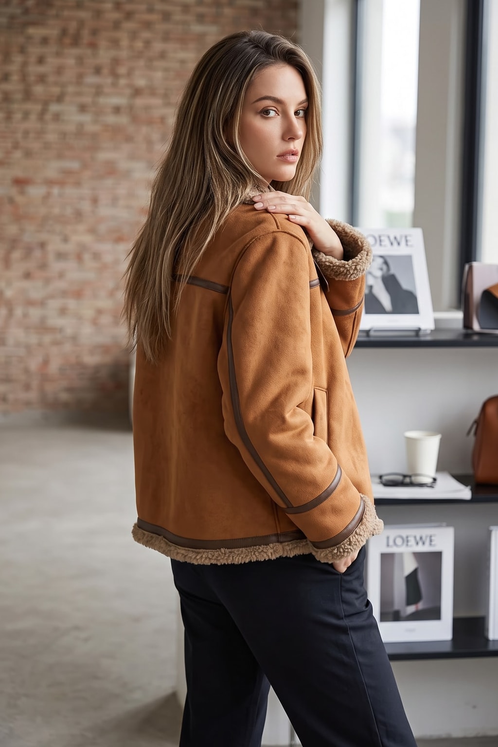 Cozy Suede Shearling Jacket Cropped Collarless - 5