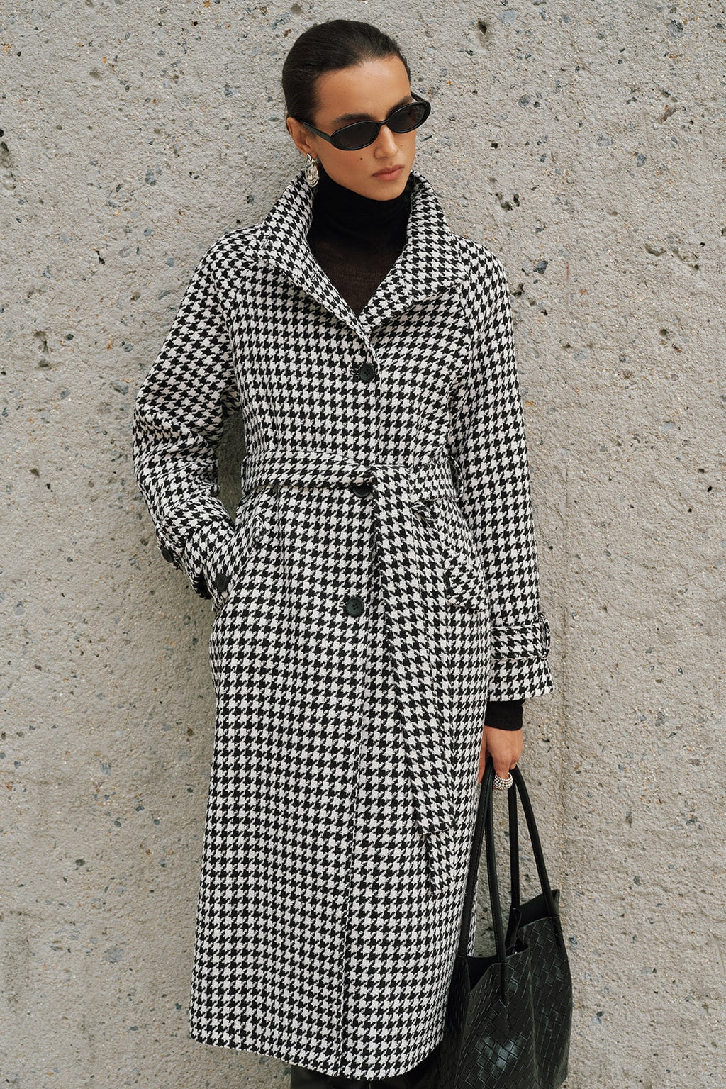 Tweed Houndstooth Belted Long Trench Coat - 5