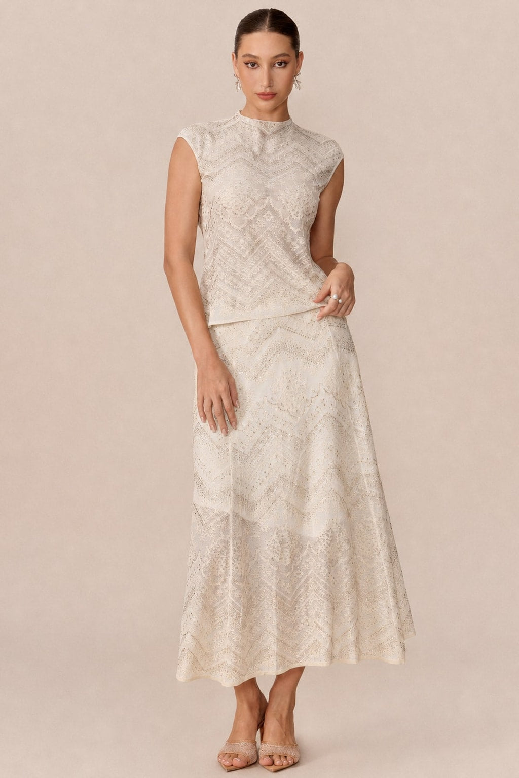 Lace Cropped Top And Flared Skirt Set - 5
