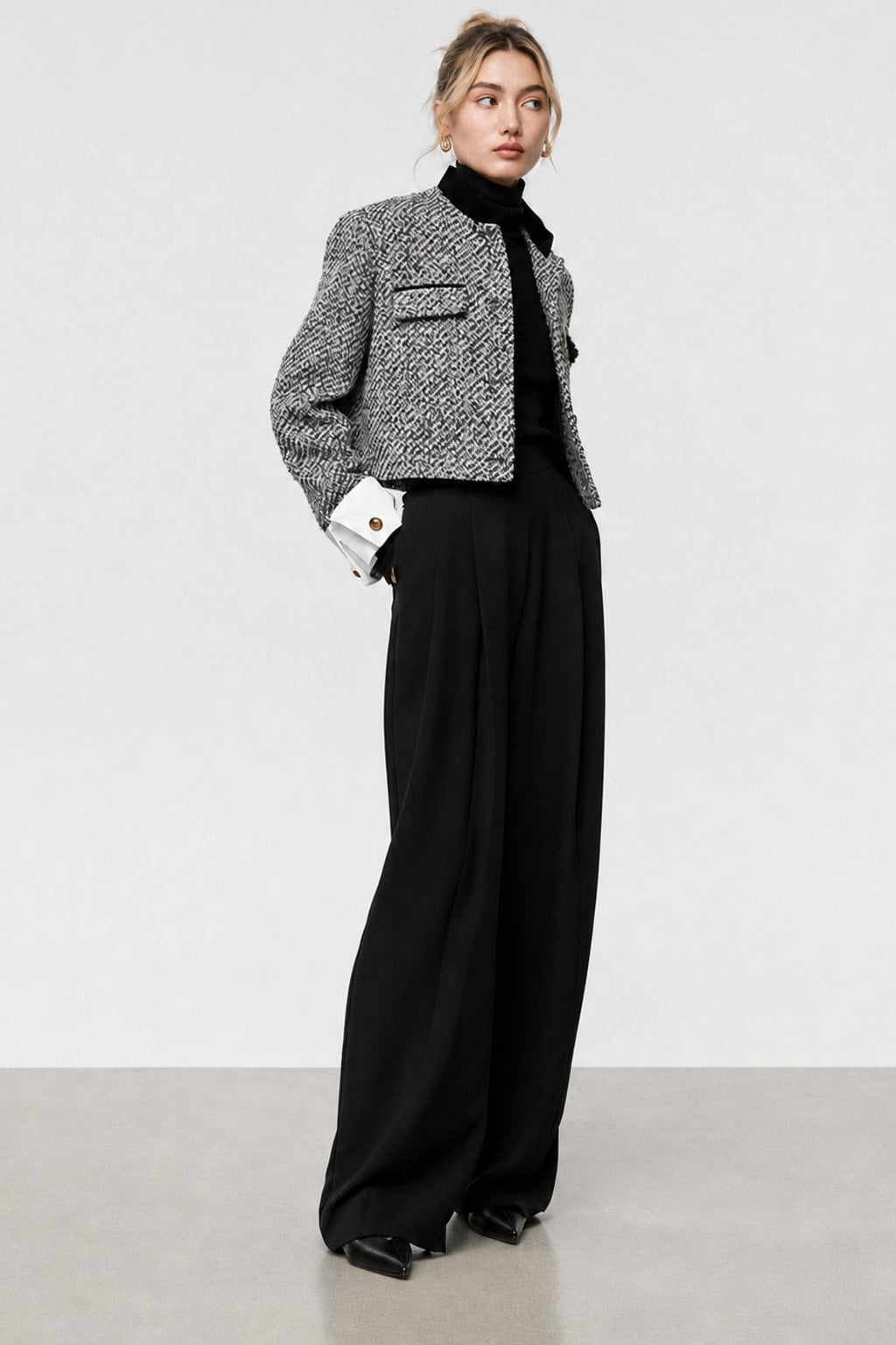 Tweed Bouclé Cropped Blazer in Black - 5