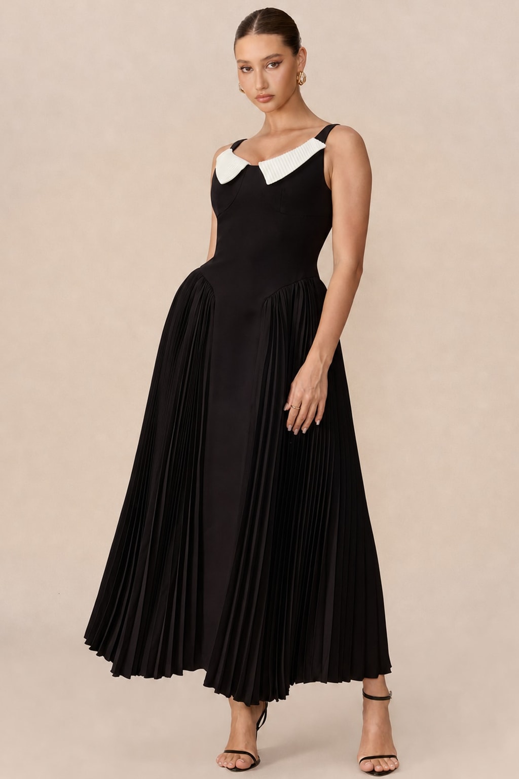 Terylene Pleated Maxi Dress With Contrast Collar - 5