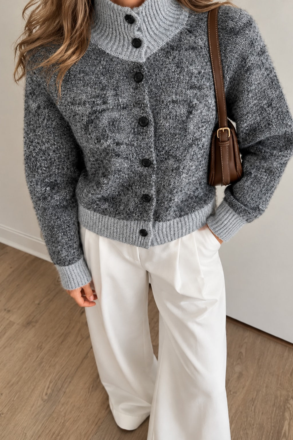 Knit Cardigan Turtleneck Color Block Style - 5