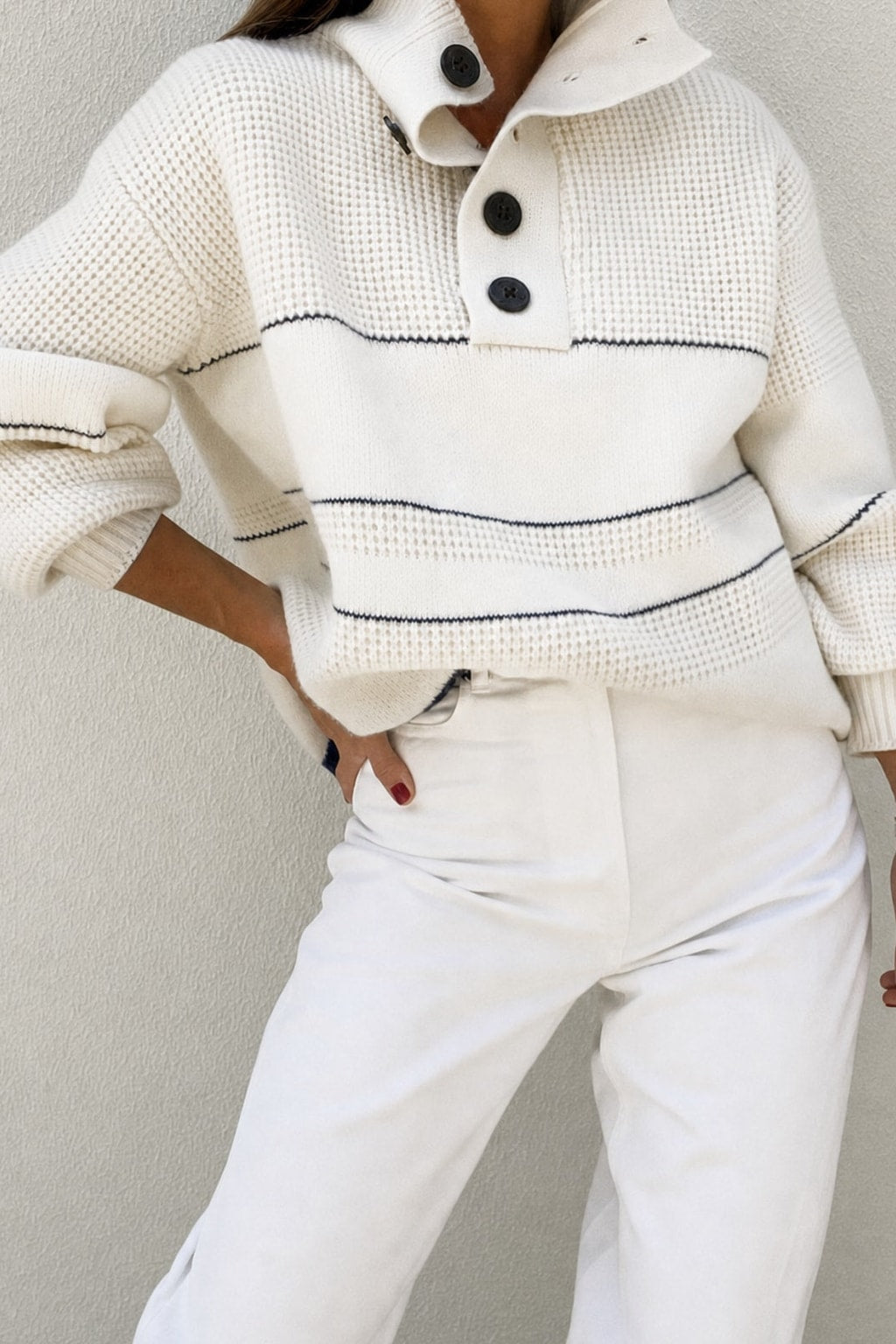 Knit Open-Collar Button-Up Sweater - 5
