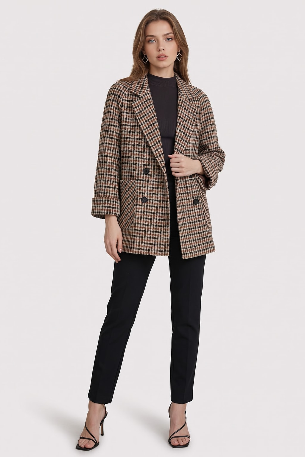Elegant Brown Houndstooth Oversized Double-Breasted Blazer - 5