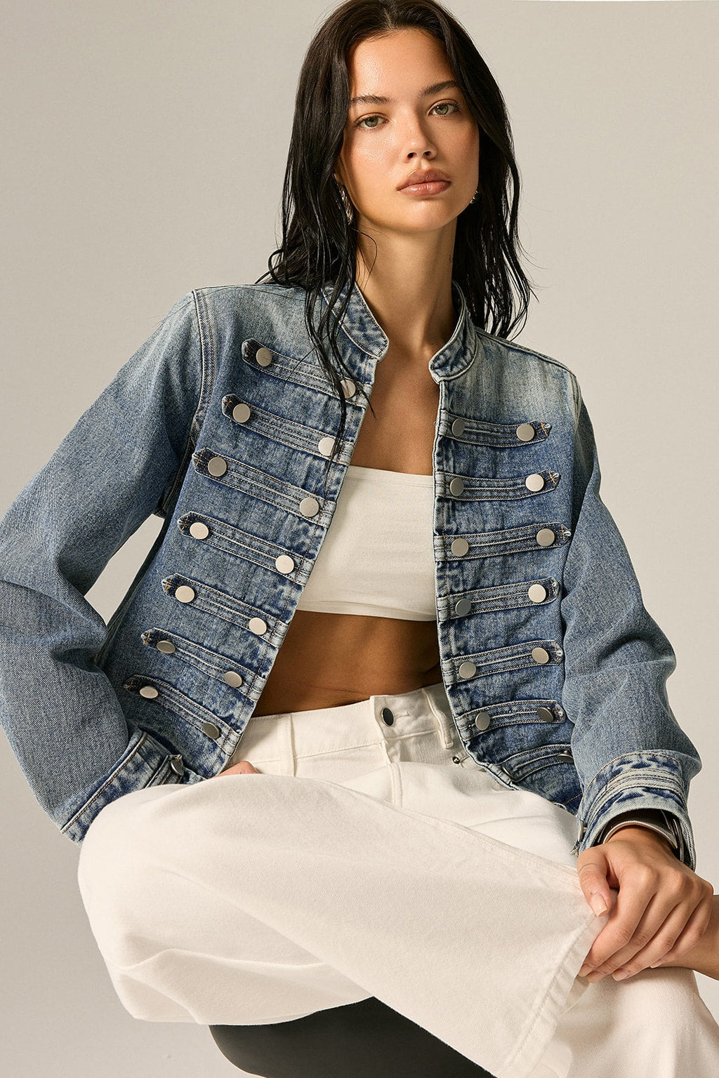 Denim Jacket With Mandarin Collar - 5
