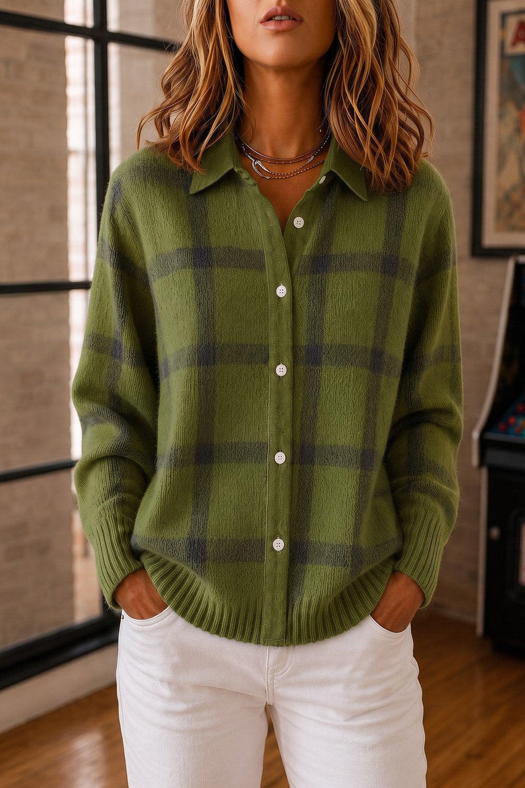 Cozy Textured Plaid Knit Button-Front Sweater - 5