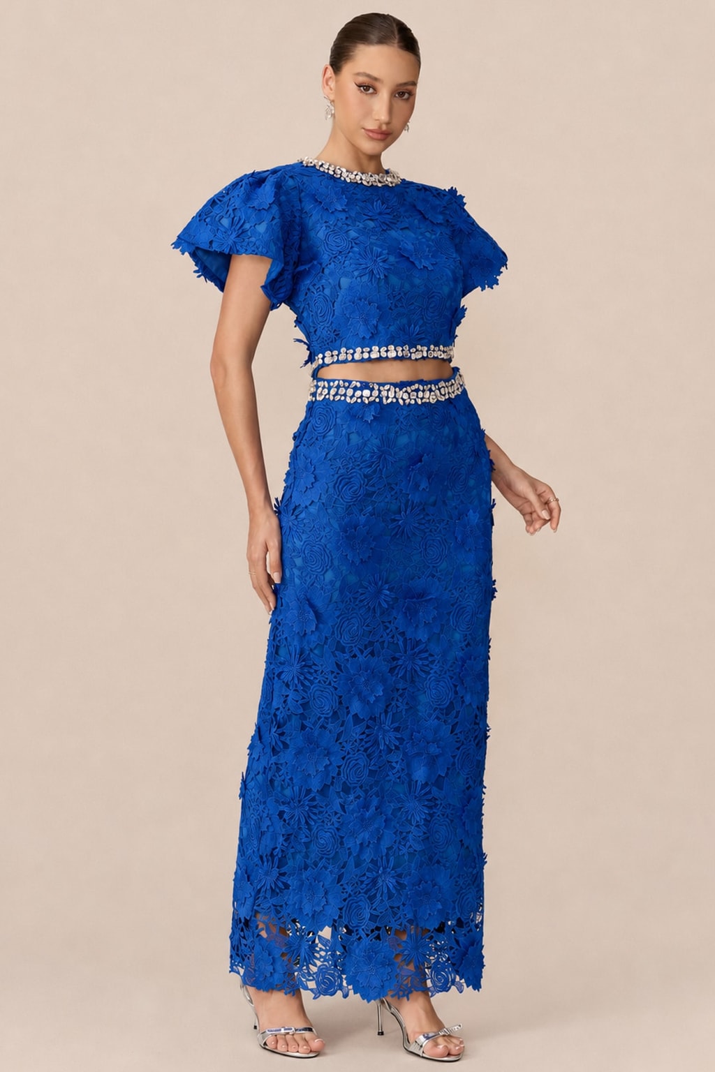 Lace Rhinestone Crop Top And Midi Skirt Set - 5