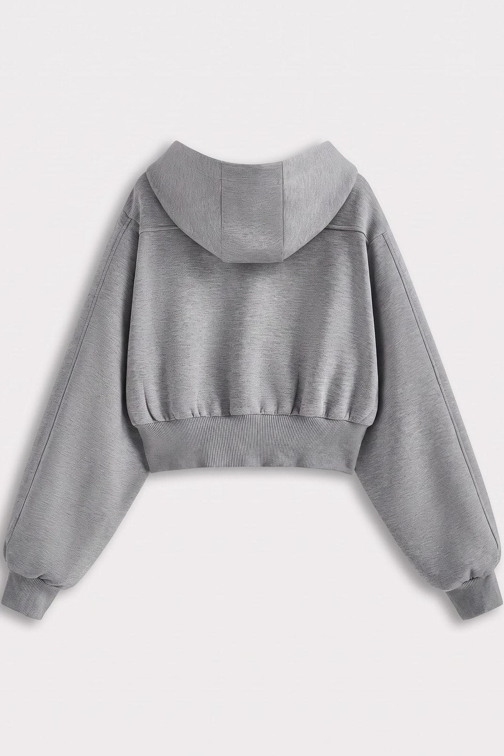Grey Fleece Zip-Up Crop Hoodie with Long Sleeves - 5