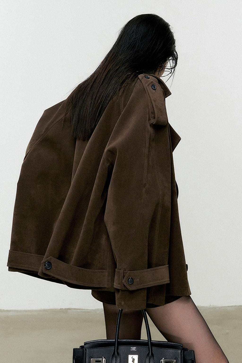 Suede Effect Oversized Jacket With Lapel Collar - 5