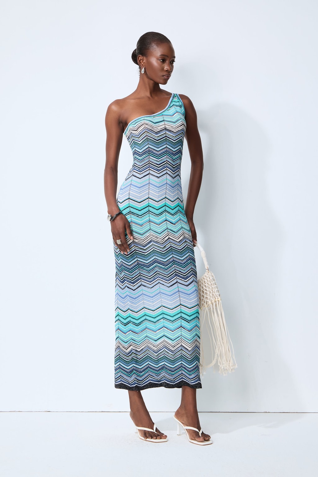 Knit Chevron One Shoulder Midi Dress - 5