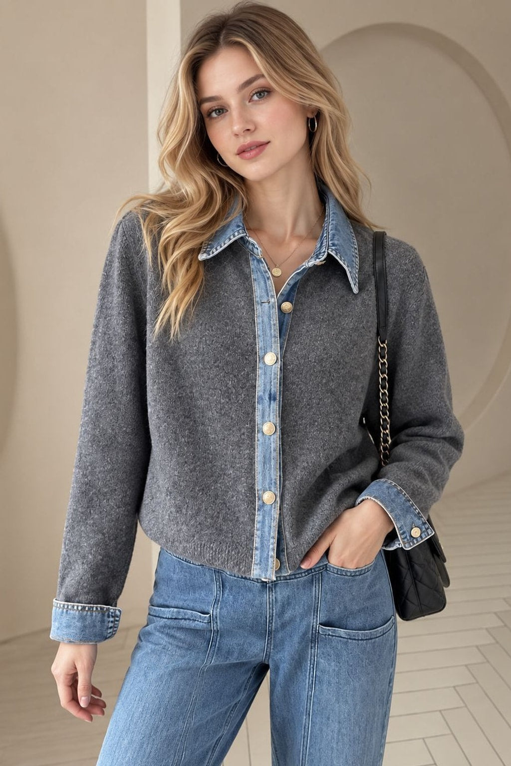Denim Knit Patchwork Button Cardigan - 3