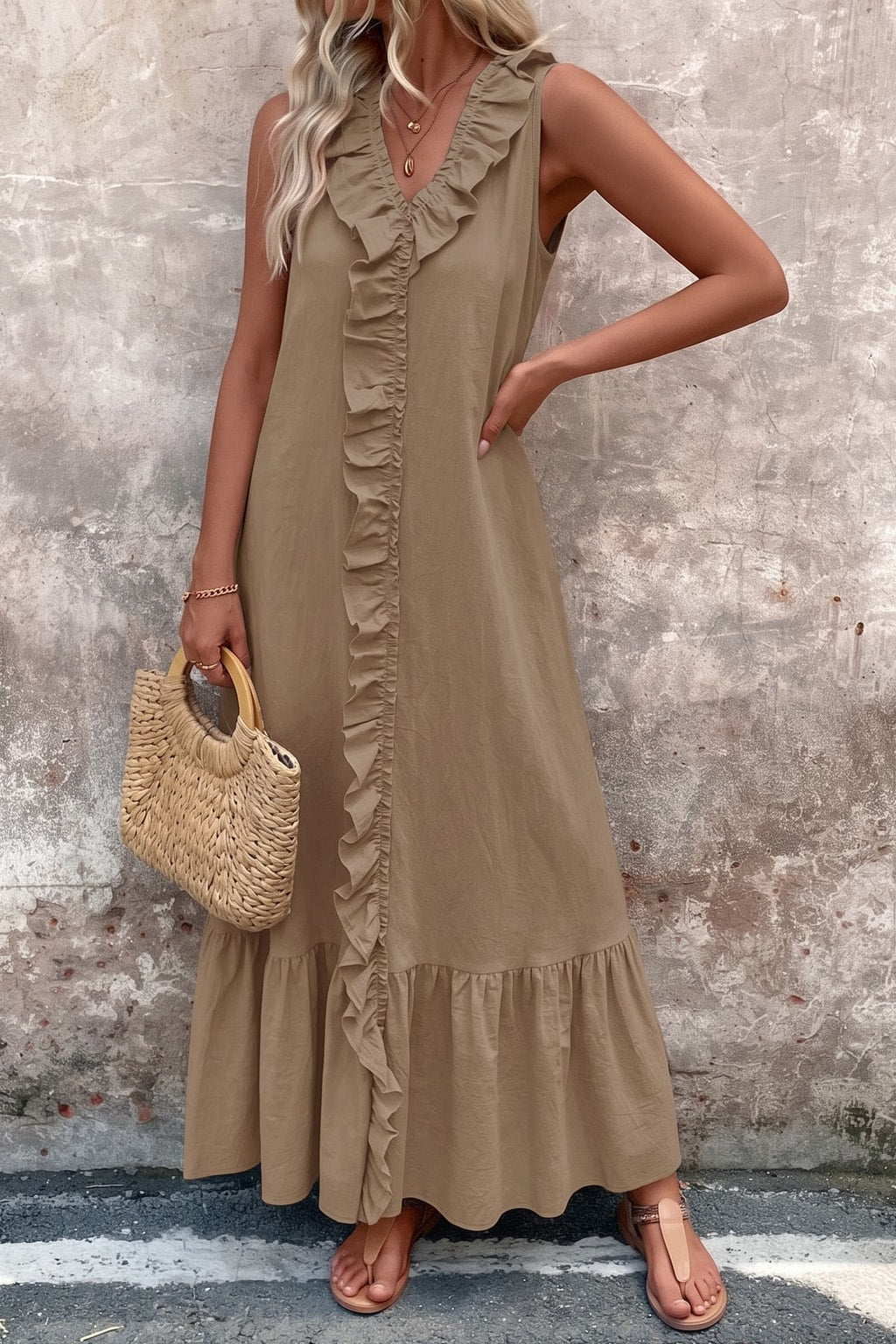 Effortless Cotton V-Neck Maxi Dress With Ruffle Trim - 5