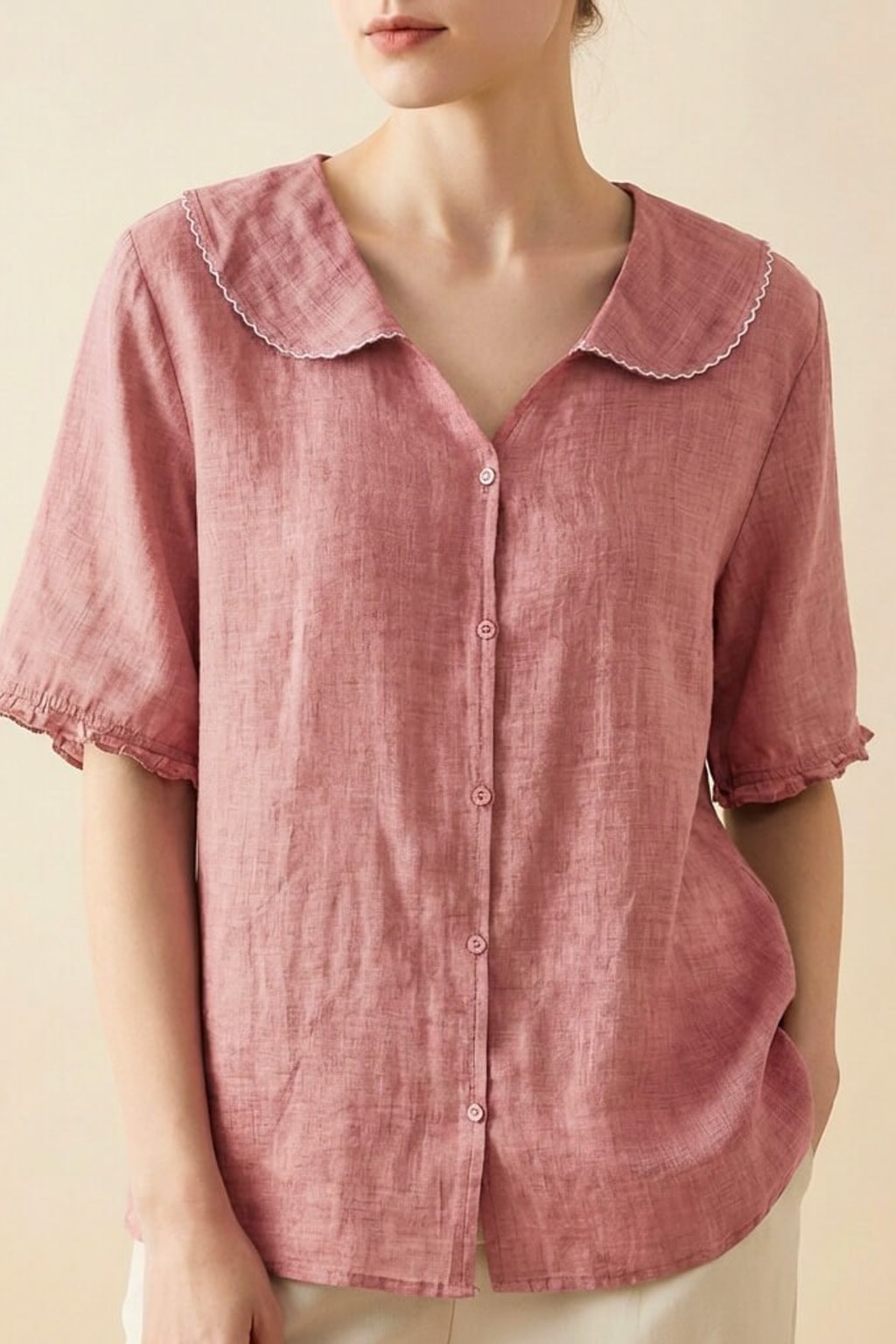 Effortless Cotton Linen Blouse With Scalloped Collar Detail - 5