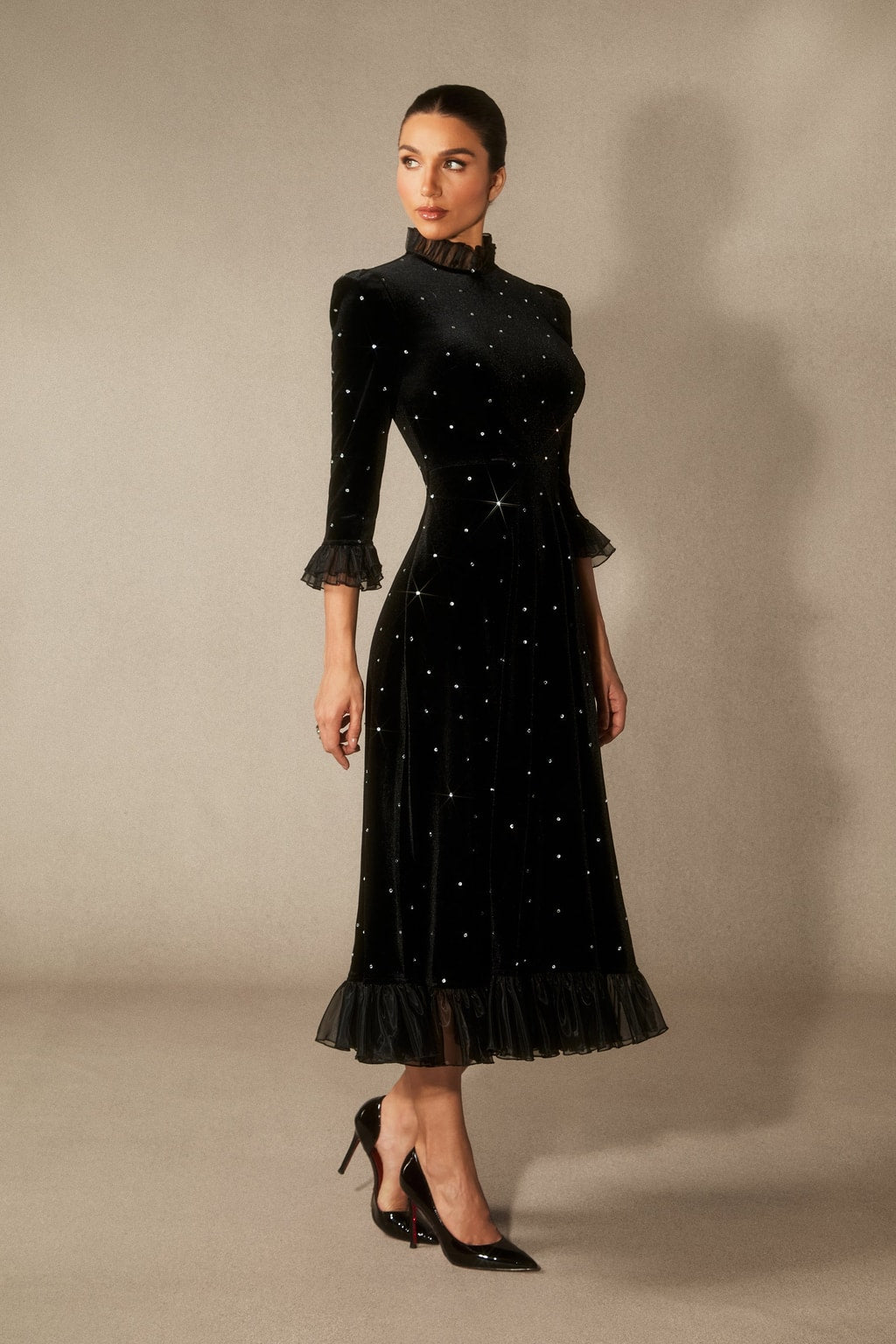 Velvet Diamante Ruffle Maxi Dress - 5