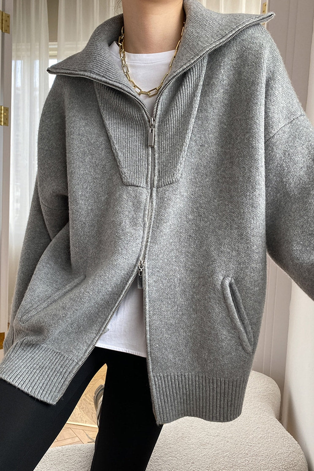 Knit Cardigan Oversized Open Collar - 5