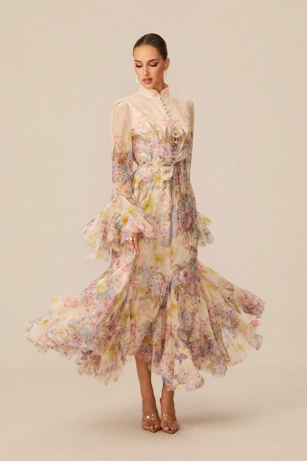 Floral Print Maxi Dress With Ruffle Cuffs And Tie Waist Belt - 5
