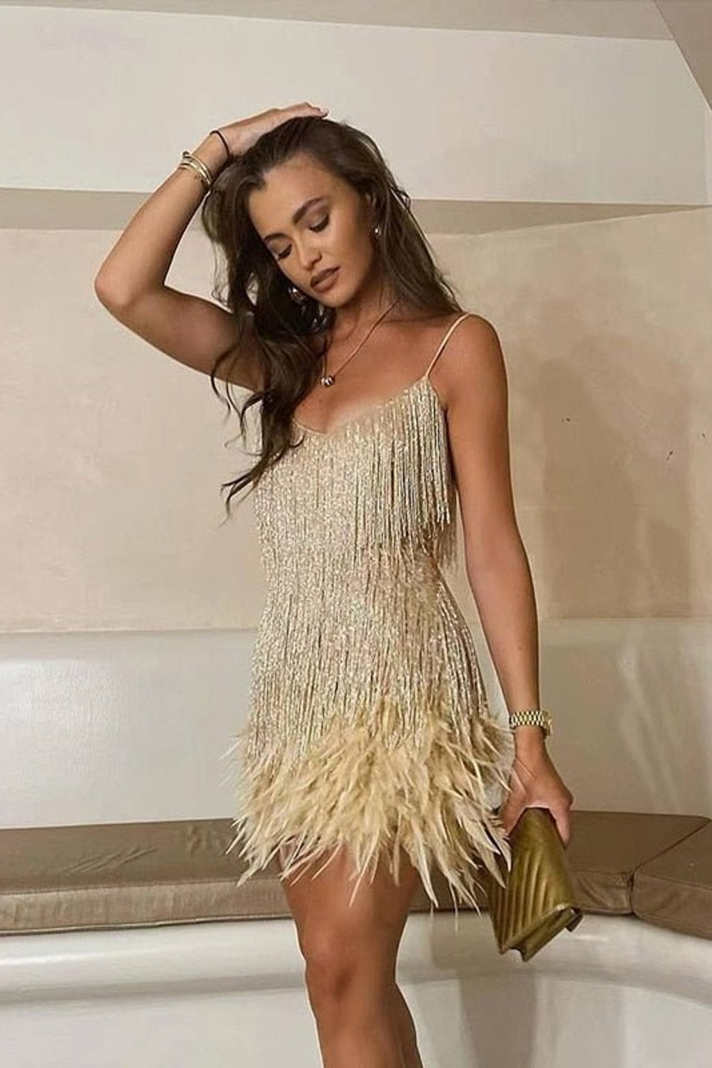 Elegant Feather Trim Mini Dress With Fitted Silhouette - 5
